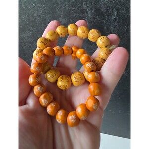 Yellow Buddha And Orange Wooden Beaded Stretchy Bracelets Vintage READ